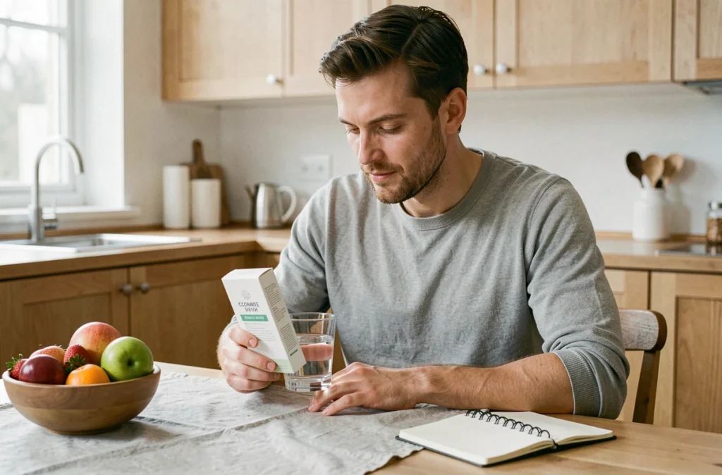 Homme intégrant un complément alimentaire Circle CLEAR dans sa routine bien-être quotidienne à la cuisine