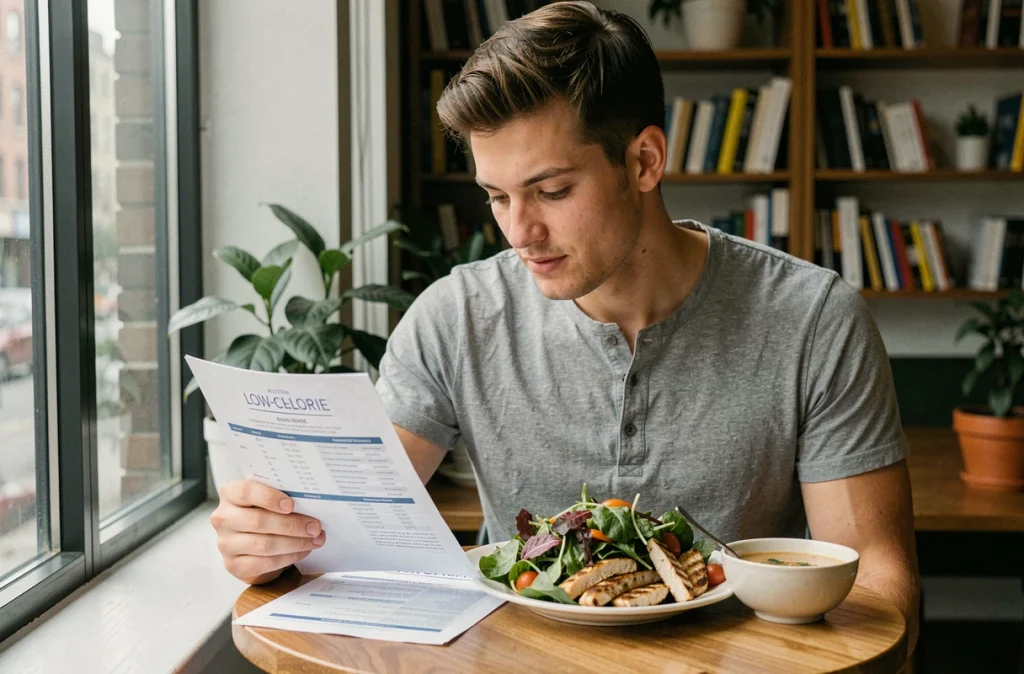 Jeune homme consultant un plan nutritionnel devant un repas équilibré et peu calorique dans un appartement moderne