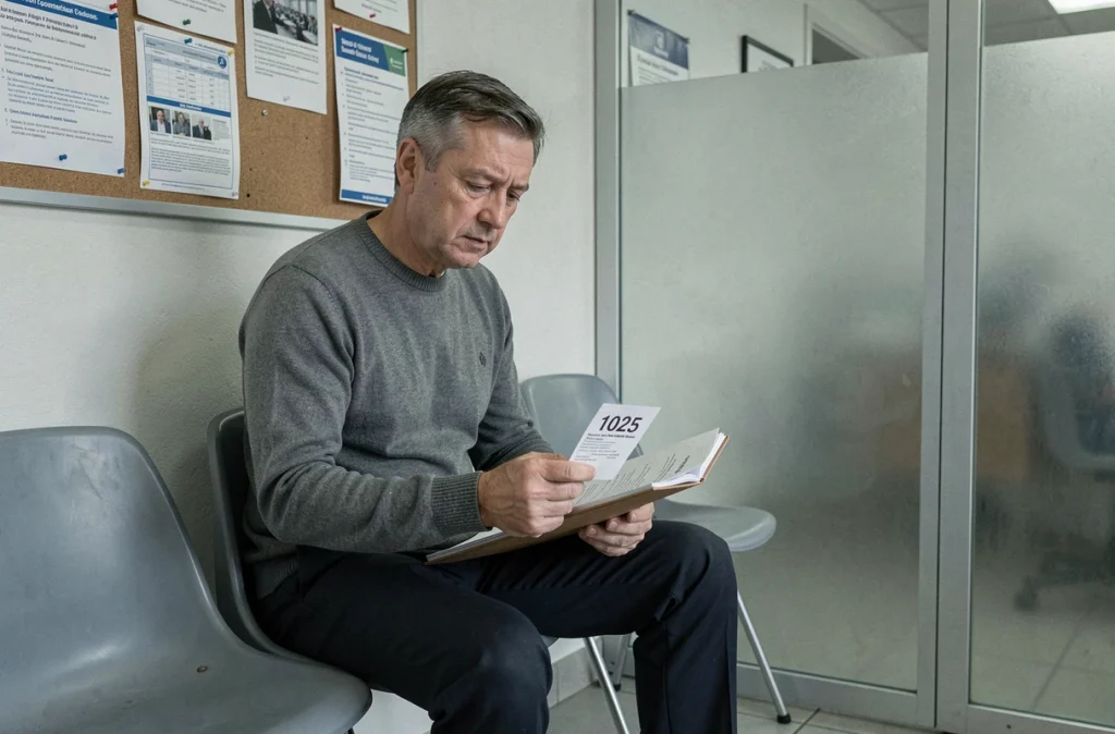 Homme en situation d'inaptitude au travail attendant dans une salle d'attente administrative pour un rendez-vous sur ses droits chômage et invalidité