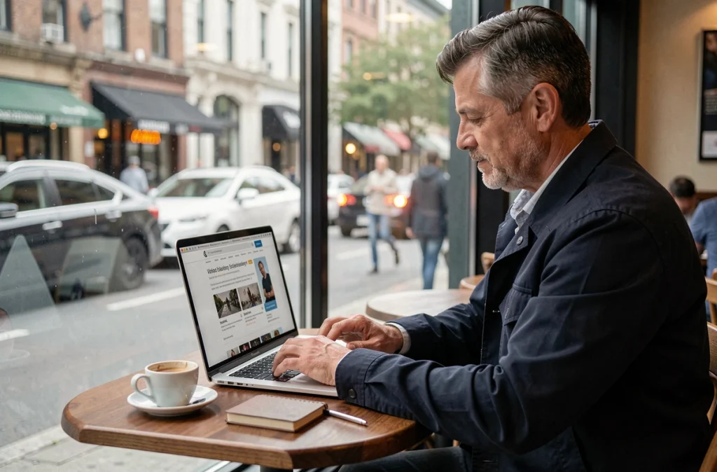 Homme lisant des avis en ligne sur la méthode Power 1000 dans un café urbain avec un ordinateur portable