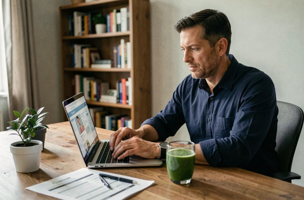 Homme consultant un blog minceur sur son ordinateur portable avec un smoothie vert posé sur son bureau