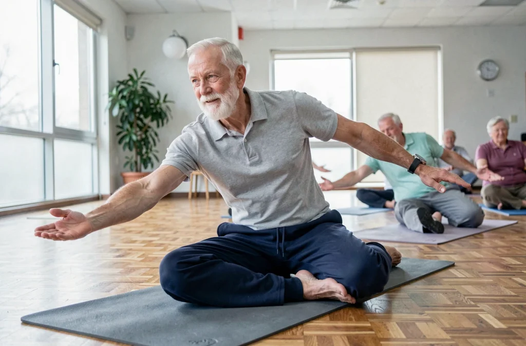 Homme senior de 71 ans pratiquant le yoga doux en salle avec un groupe pour améliorer sa souplesse et sa mobilité