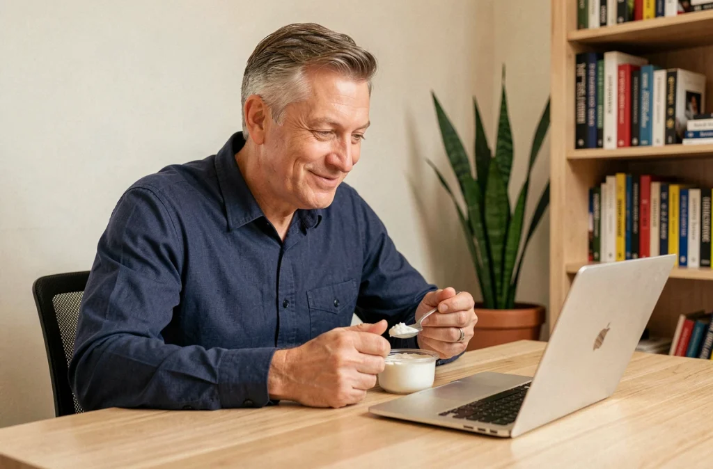 Homme consommant un yaourt probiotique Activia pendant une pause au bureau à domicile