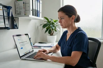 Infirmière frustrée face à un écran d'ordinateur affichant une erreur de connexion sur le logiciel C.netsoins