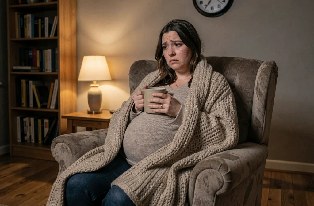 Femme enceinte au troisième trimestre réveillée la nuit, assise dans un fauteuil avec une tasse chaude, incapable de dormir