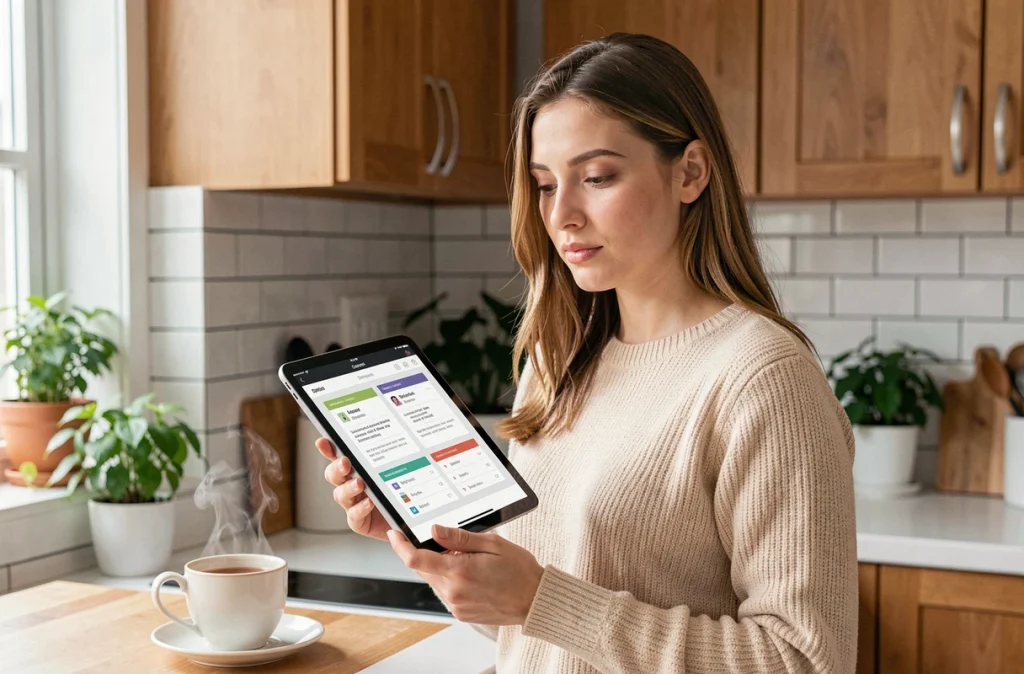 Jeune femme consultant un comparatif d'avis sur la méthode Power 1000 sur une tablette dans sa cuisine