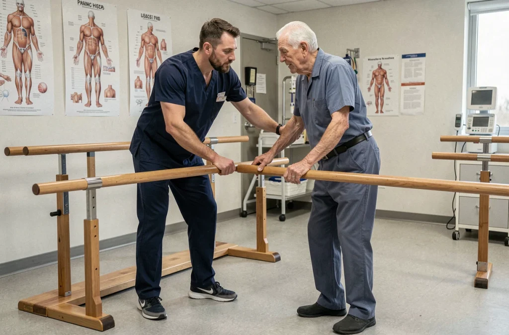 Kinésithérapeute accompagnant un senior lors d'exercices de rééducation pour prévenir les chutes