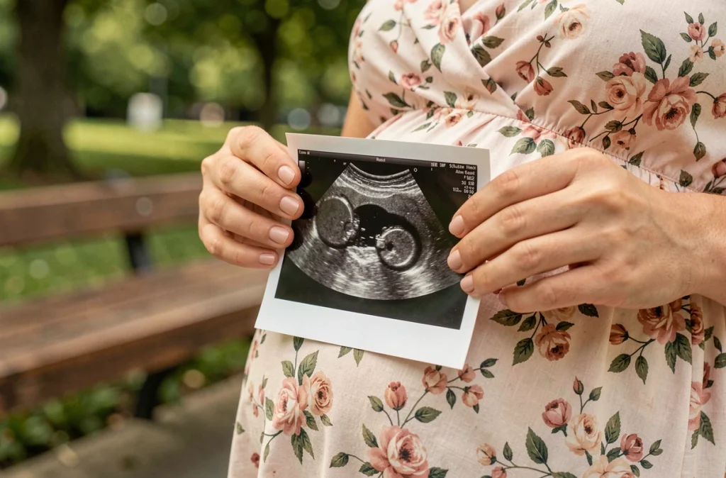 Gros plan des mains d'une femme enceinte tenant une échographie devant son ventre arrondi en robe fleurie dans un parc verdoyant