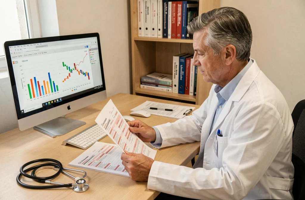 Médecin hématologue analysant les résultats d'un bilan sanguin complet incluant le volume globulaire moyen VGM dans son cabinet