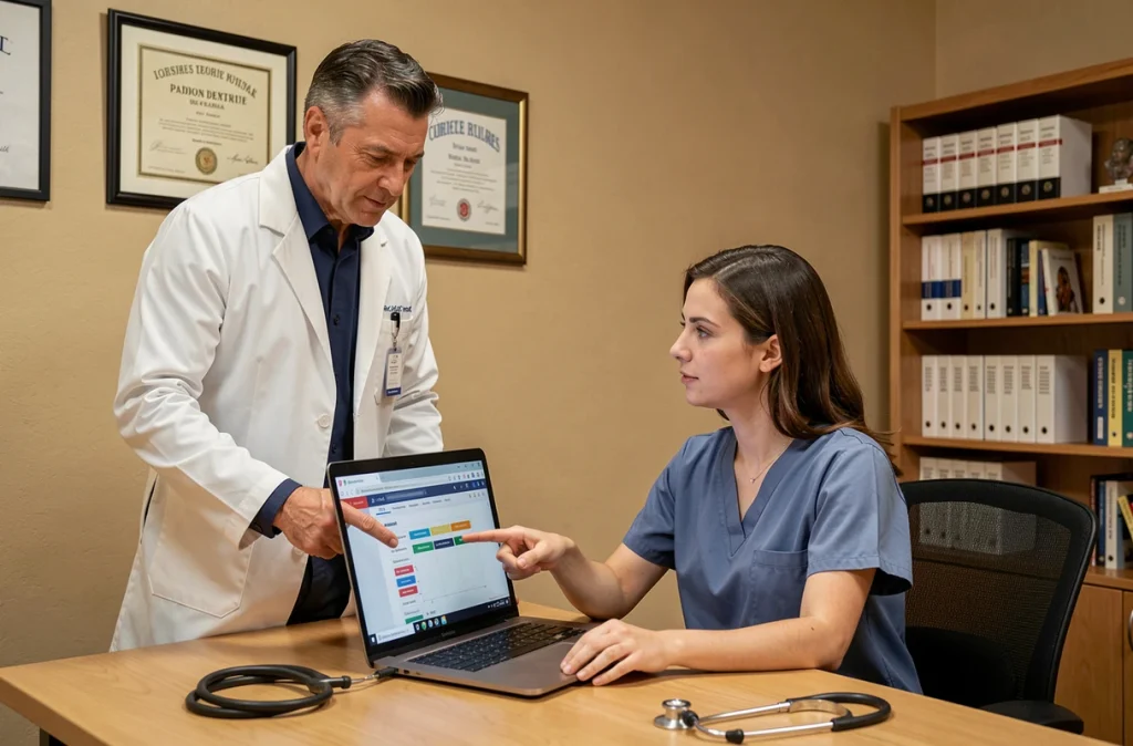 Médecin et assistant médical collaborant sur un logiciel de délégation de tâches médicales au cabinet