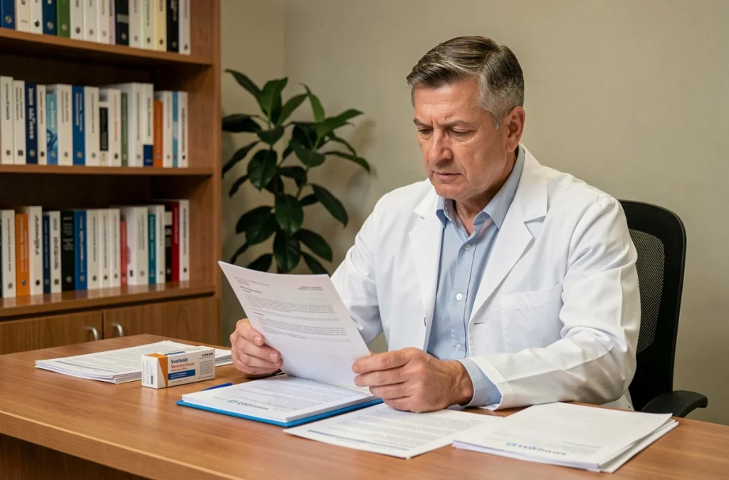 Médecin consultant un dossier pharmaceutique dans un bureau de consultation médicale