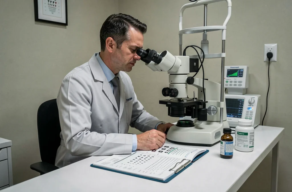 Ophtalmologiste en consultation examinant la compatibilité d'un traitement STERDEX avec le port de lentilles de contact