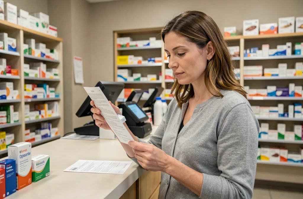 Femme lisant la notice d'un médicament acheté en pharmacie au comptoir