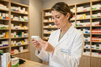Pharmacienne en blouse blanche examinant une boîte de médicament au comptoir d'une pharmacie moderne