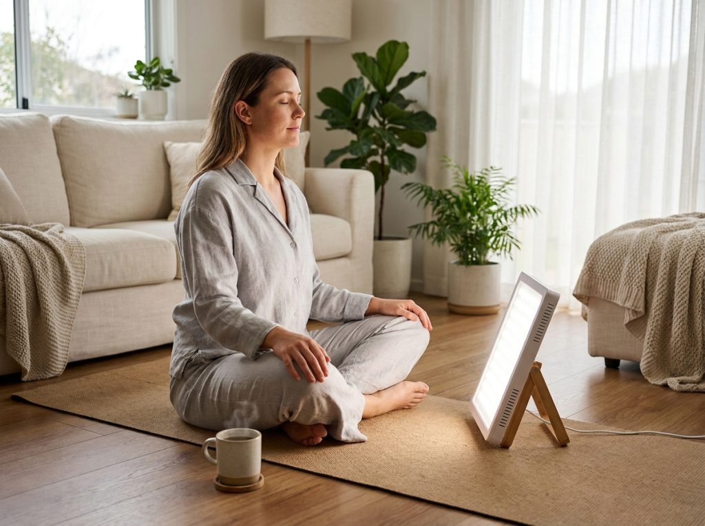Femme utilisant un panneau de photothérapie LED à domicile dans un salon de style scandinave pour un soin anti-âge