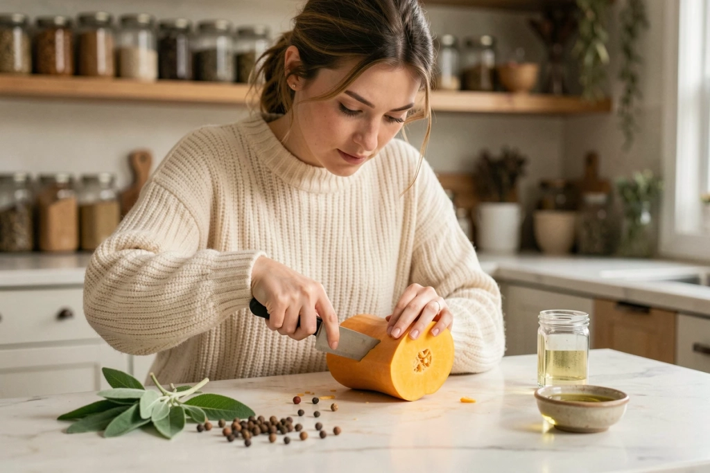 Jeune femme découpant une courge butternut crue sur un plan de travail en marbre dans une cuisine moderne et chaleureuse