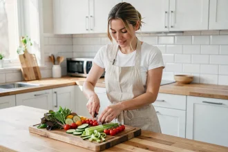 Femme préparant un repas équilibré avec des légumes peu caloriques sur un plan de travail en bois dans une cuisine moderne