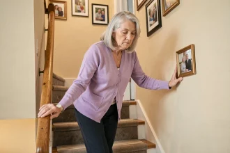 Femme âgée se tenant à une rampe d'escalier pour prévenir les chutes à domicile