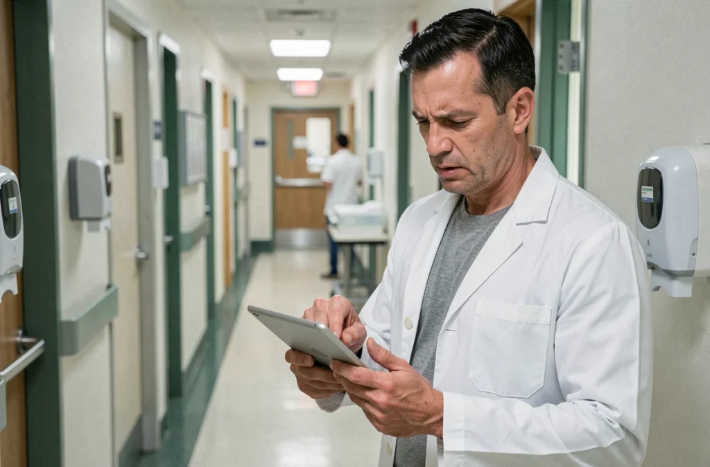 Professionnel de santé consultant une check-list de dépannage sur tablette dans un couloir médical