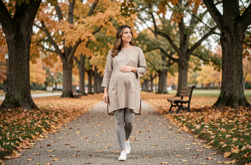 Femme enceinte se promenant paisiblement dans un parc en automne pour favoriser son bien-être
