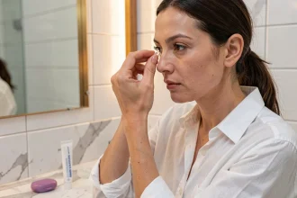 Femme retirant une lentille de contact avant d'appliquer un collyre ophtalmique de type STERDEX dans une salle de bain moderne
