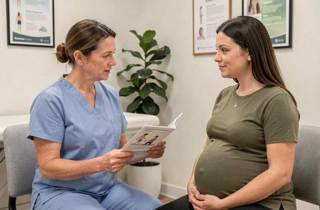 Sage-femme présentant les étapes de la préparation à la naissance à une future maman en consultation