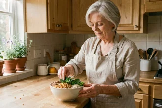 Femme senior préparant un bol équilibré riche en fibres avec légumineuses et légumes verts dans une cuisine chaleureuse