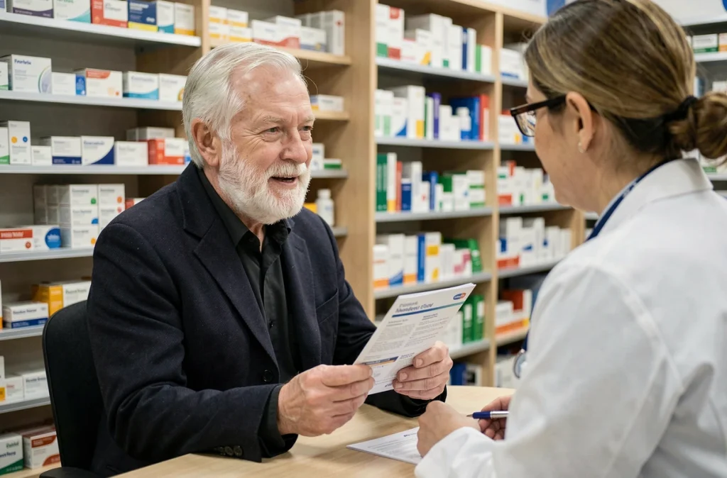 Un homme senior discutant de son carnet de vaccination avec un pharmacien, représentant les conseils en pharmacie sur les vaccins recommandés pour les seniors en période hivernale