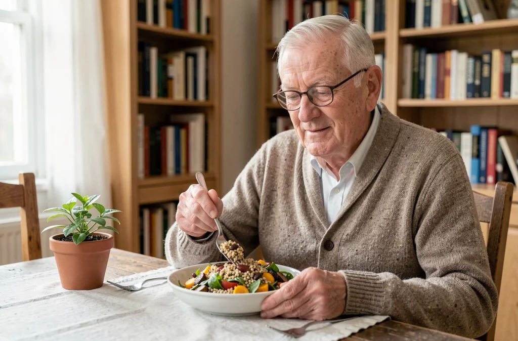 Homme âgé dégustant une salade complète riche en fibres et légumineuses dans une salle à manger lumineuse