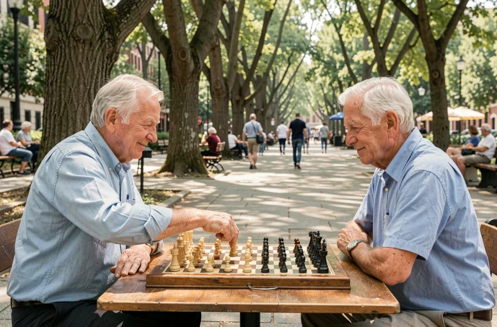 Deux hommes âgés jouant aux échecs dans un parc, symbolisant l'activité mentale et la prévention du déclin cognitif chez les seniors
