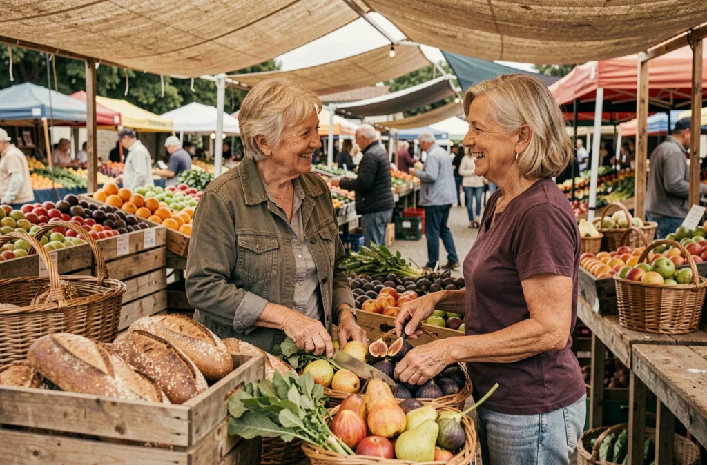 Deux femmes seniors choisissant des légumes et aliments riches en fibres dans un marché de producteurs