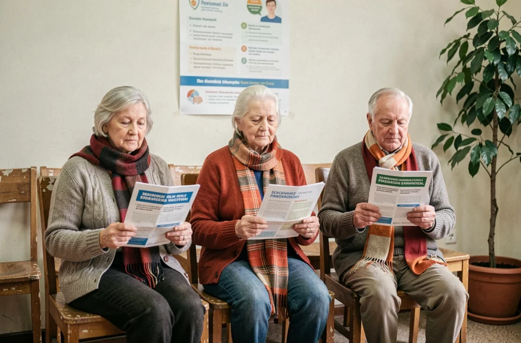 Trois personnes âgées dans une salle d'attente médicale tenant des brochures sur les vaccinations saisonnières recommandées pour les seniors contre la grippe et la pneumonie
