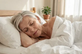 Femme retraitée dormant paisiblement dans un lit aux draps blancs, illustrant le sommeil réparateur pour les seniors