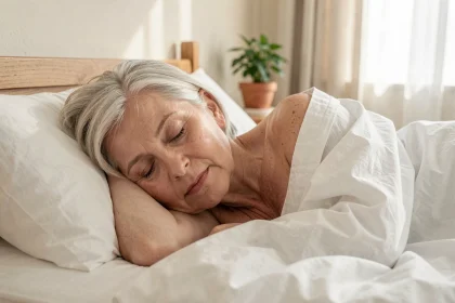 Femme retraitée dormant paisiblement dans un lit aux draps blancs, illustrant le sommeil réparateur pour les seniors
