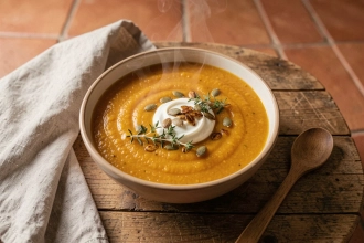 Bol de soupe veloutée de butternut maison garnie de graines de courge et thym frais, posée sur une table en bois rustique