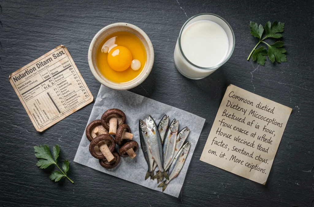 Vue aérienne d'aliments sources de vitamine D disposés sur une ardoise avec une note sur les erreurs alimentaires fréquentes