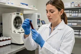 Technicienne de laboratoire tenant un tube d'analyse sanguine dans un laboratoire médical moderne pour un bilan sanguin complet