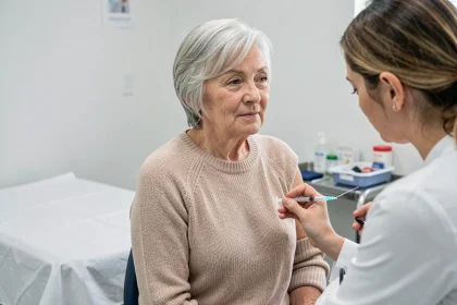 Une femme senior aux cheveux argentés recevant un vaccin en cabinet médical, illustrant la vaccination recommandée pour les personnes âgées contre les infections saisonnières