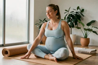 Femme enceinte pratiquant le yoga prénatal doux sur un tapis en liège dans un studio minimaliste