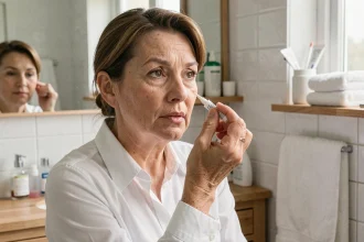 Femme appliquant une pommade ophtalmique STERDEX devant un miroir de salle de bain