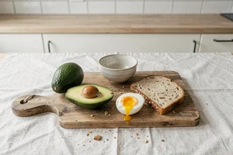Petit-déjeuner équilibré avec avocat coupé en deux, œuf mollet et toast complet sur une planche en bois rustique