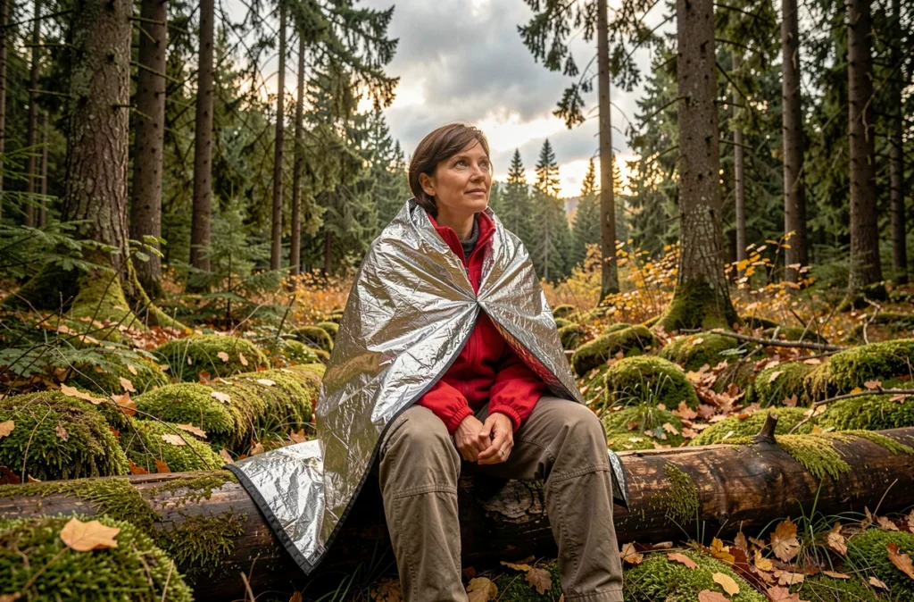 Femme enveloppée dans une couverture de survie en mylar argentée assise en forêt en automne