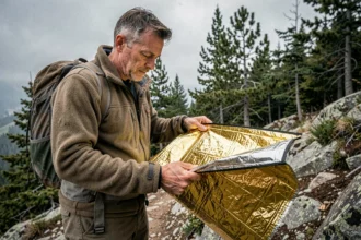 Randonneur tenant une couverture de survie isotherme dorée et argentée sur un sentier de montagne rocheux