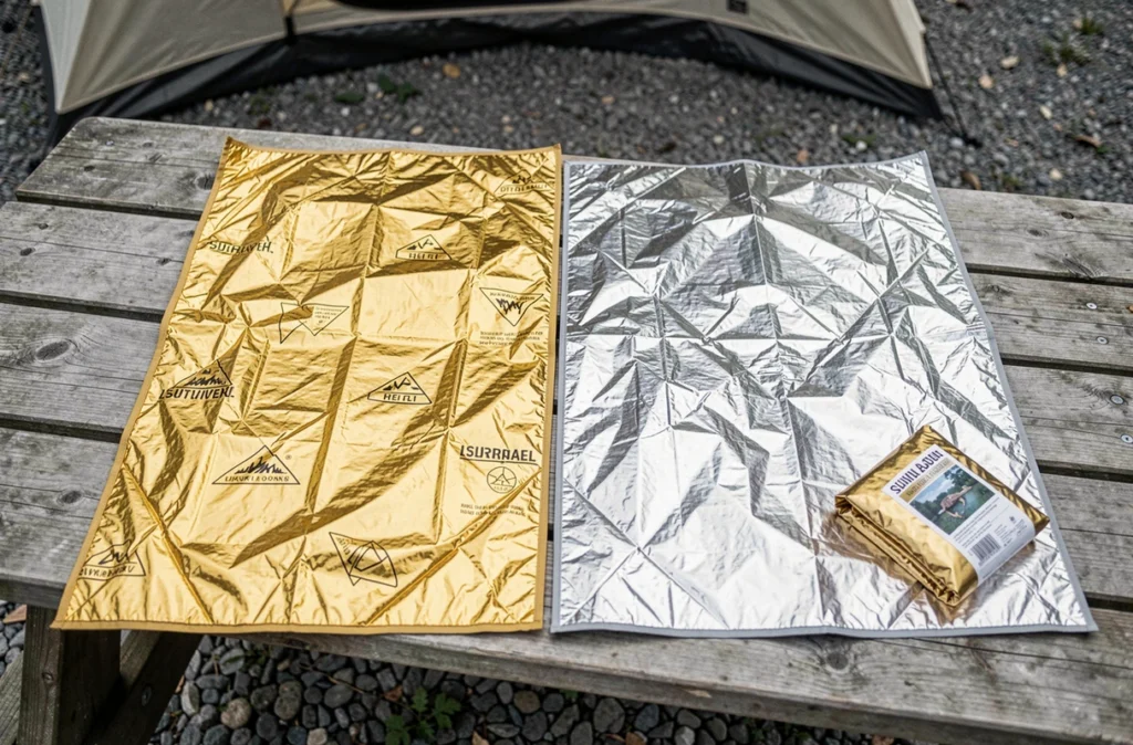 Comparaison des deux faces d'une couverture de survie dorée et argentée sur une table de camping en bois