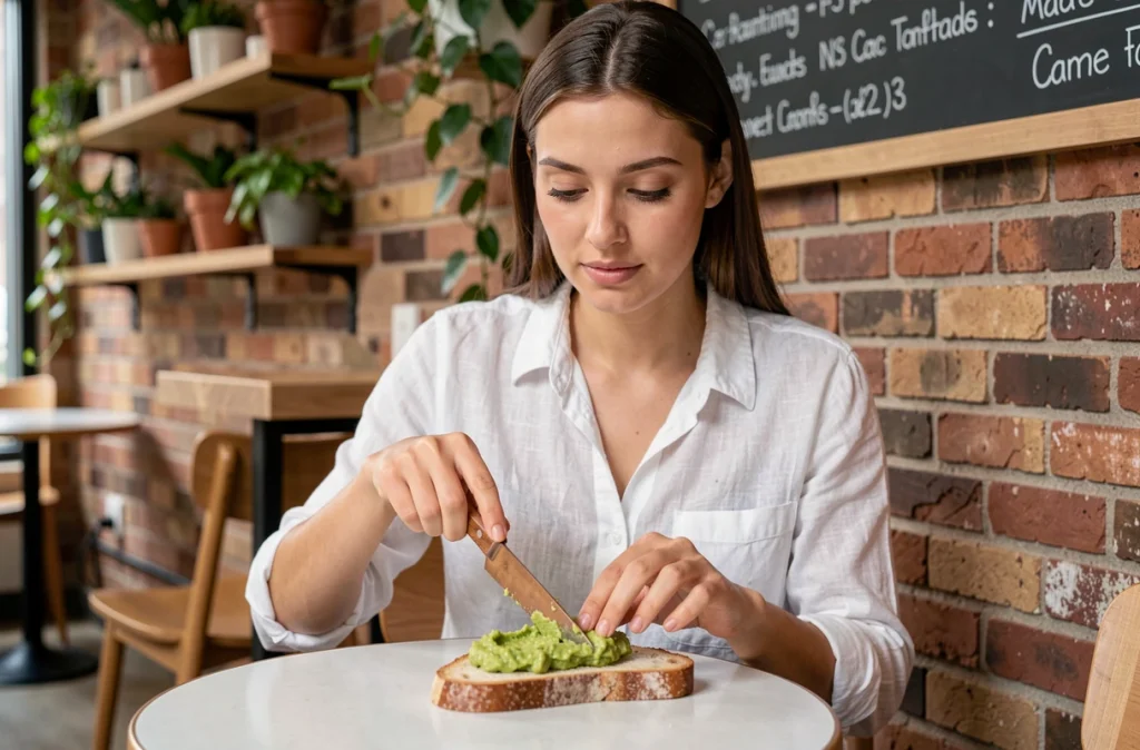 Jeune femme préparant une tartine d'avocat dans un café urbain au petit-déjeuner
