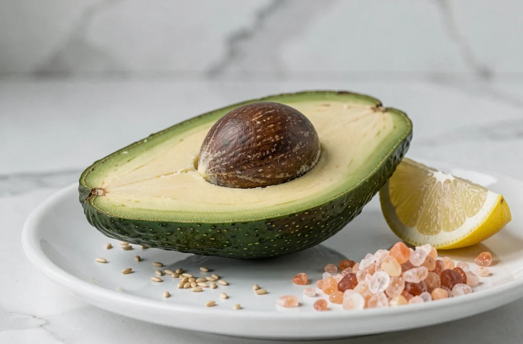 Gros plan d'une moitié d'avocat mûr sur assiette blanche avec graines de sésame et sel rose, vue macro