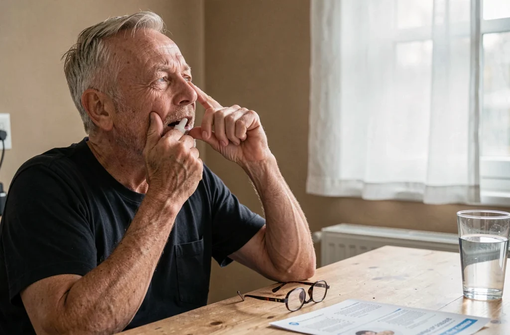 Homme âgé appliquant correctement une pommade oculaire en tirant la paupière inférieure