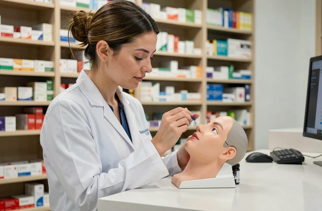 Pharmacienne démontrant la technique d'application d'une pommade ophtalmique en officine